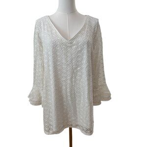 Women's 2X Ivory White Lace Overlay Bell 3/4 Sleeve PLUS Cottage Stretch Blouse